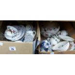 Box of Wedgwood dinnerware in Stratford design etc, and patchwork Ralph Lauren teapot