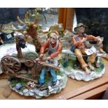 Two large Capodimonte figurines of a man on a bench and a street vendor signed Scott and Zanella