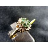 9 ct gold emerald & diamond cluster ring. Size M.