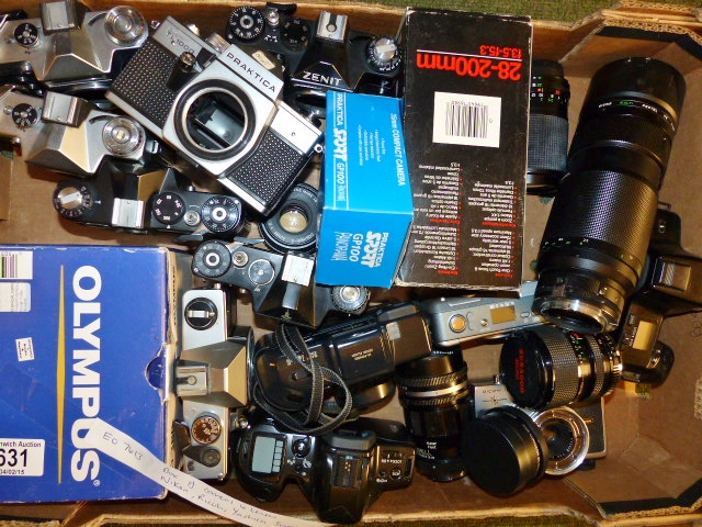 Box of cameras and lenses. Nikon, Ricoh, Yashica Sigma etc