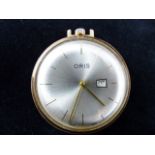 Oris slimline gold plated pocket watch, lacking loop. Working at lotting up.