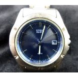 Citizen Eco~Drive WR50 gents stainless steel blue faced date wristwatch. Working at lotting up.