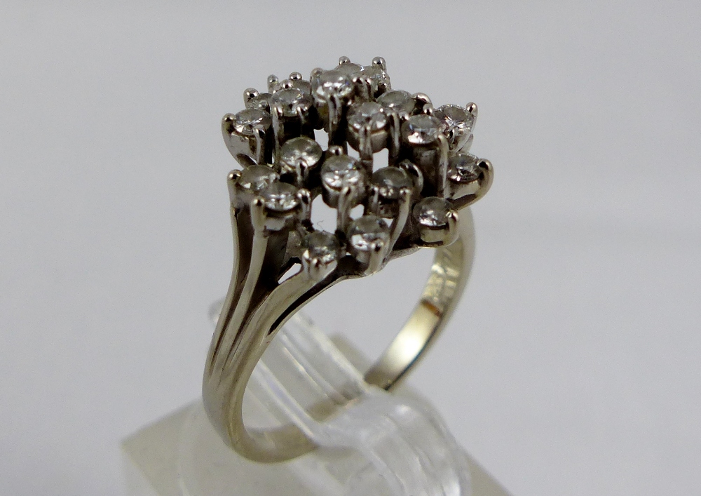 14ct white gold diamond cluster ring, size M