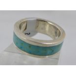 Sterling silver solid band with green inlay, size O