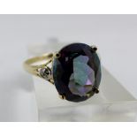 9 ct gold mystic topaz & diamond ring. Size N.