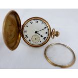 Gold plated crown wind full hunter pocket watch. Glass present but loose.