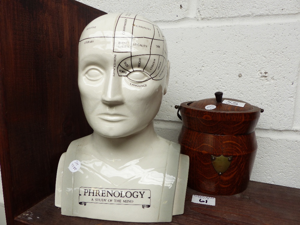 Phrenology head and wooden biscuit barrel