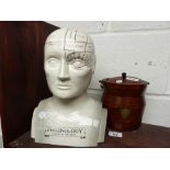 Phrenology head and wooden biscuit barrel