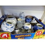 Mixed box of blue and white ceramics with silver plated ware etc