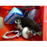 Box of mixed brass and silver plate including silver plated kettle