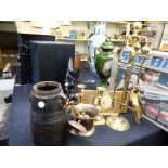 Brass fireside set and two brass candlesticks, heavy brass vase and two brass piano candle