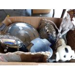 Box of silver plated ware and some ceramics including ceramic Dalmation