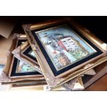 Five framed oil on canvas depicting various town scenes