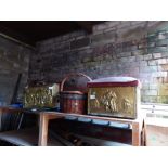 Brass magazine rack, coal scuttle box with upholstered top etc