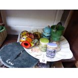 Tray of collectables including Portmerion ware and an unusual decorative Majolica style fish