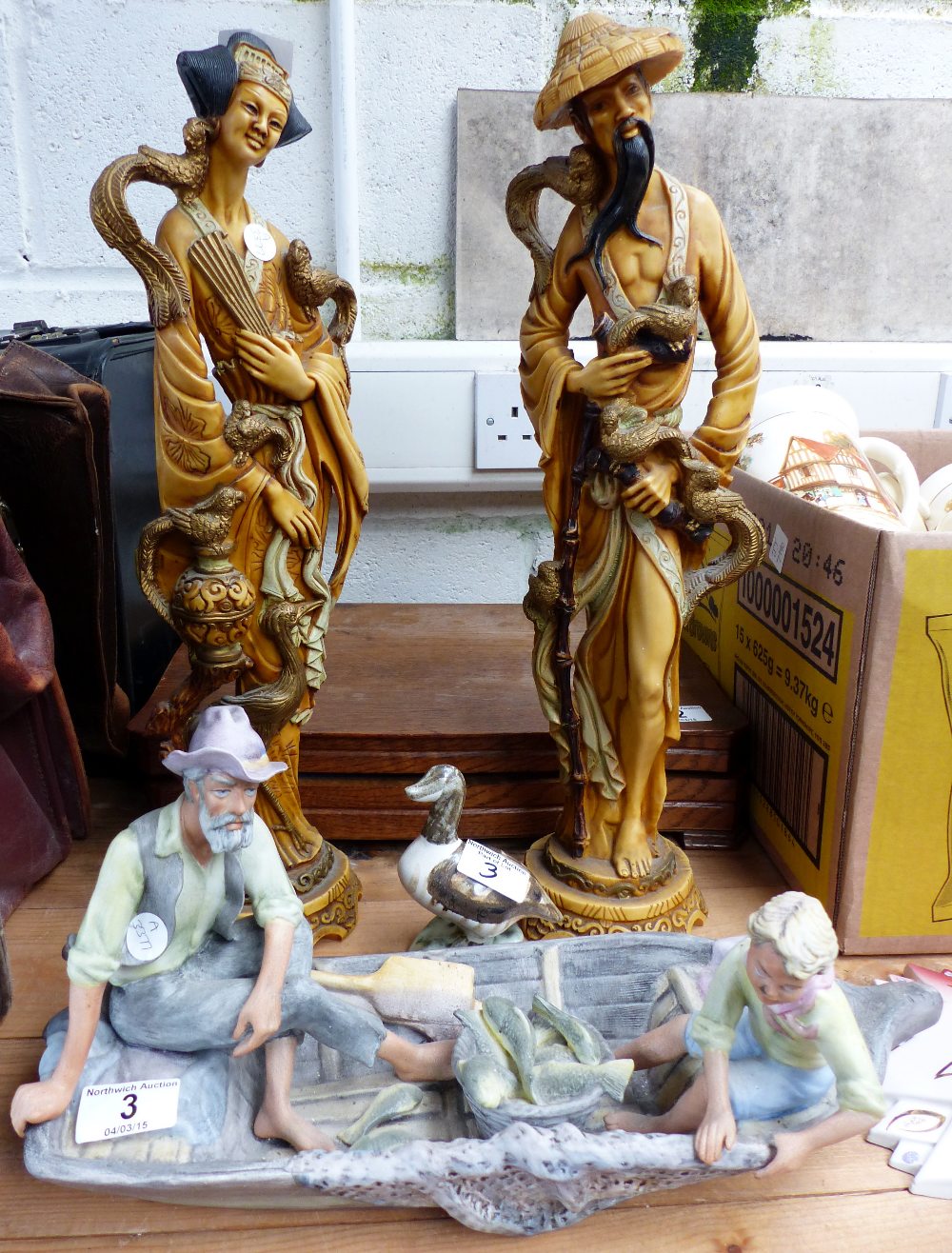 Capodimonte figure depicting a man and child fishing, plus two Oriental style figures