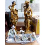 Capodimonte figure depicting a man and child fishing, plus two Oriental style figures
