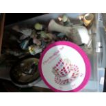 Box of ceramics including seventeen figurines, Radnor floral baskets etc