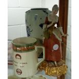 Blue and white vase, ICI commemorative mug and a ceramic figure