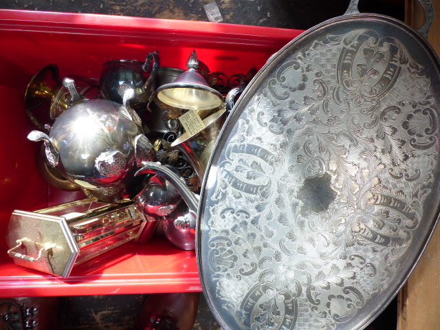 Box of silverplate and brass items including a brass barometer, tray etc