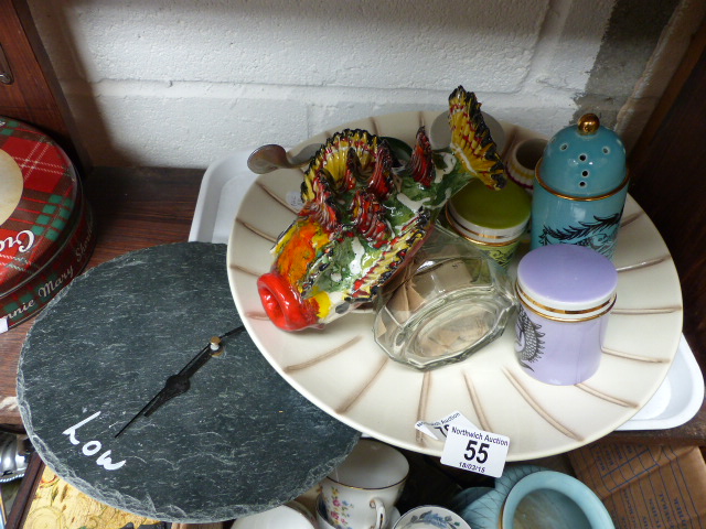 Tray of collectables including Portmerion ware and an unusual decorative Majolica style fish