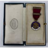 Masonic charity jewel in silver with ribbon in original box. Assay Birmingham 1921