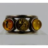 Sterling silver three stone amber ring, size N