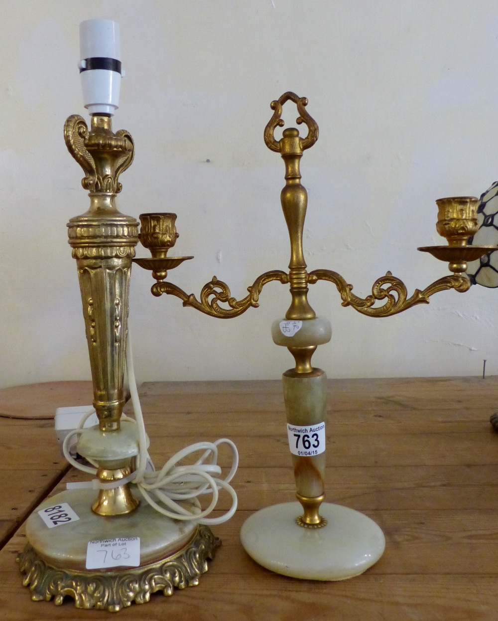Onyx and gilt effect candelabra and lamp