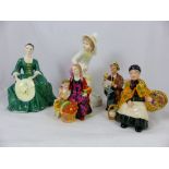 Five Royal Doulton figurines, HN2228, HN3032 and three from miniature street vendors series