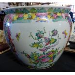 Large Oriental hand painted fish bowl with gold fish painted interior, H 26 x D 32cm