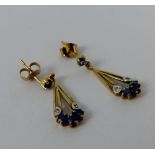 9ct gold fancy sappphire and diamond drop earrings, possibly vintage