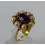 9ct gold fancy amethyst and genuine pearl ring from 1977, size N