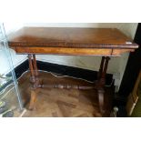 Walnut card table on baluster supports and stretcher, velvet inlay to top, 101 x 99cm