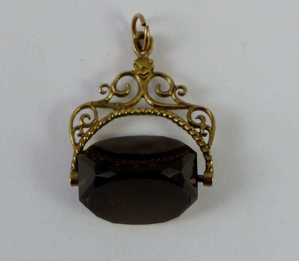 9ct gold large smokey quartz spinning fob