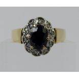 18ct gold vintage sapphire and diamond ring, size R. 5.8g