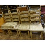 Pine dining table and set of four pine dining chairs. Table lacking bolts.