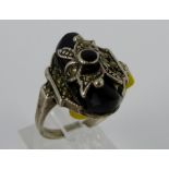Sterling silver onyx and marcasite ring, size Q