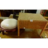 Wicker stool and mahogany upholstered footstool