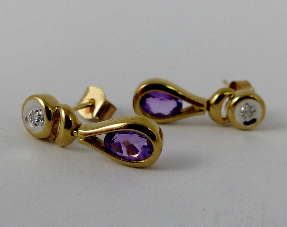 9ct gold amethyst and diamond drop earrings