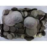 Tray of English silver coinage, sixpences and crowns