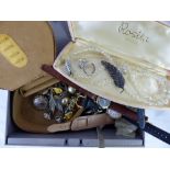 Metal box of costume jewellery, marcasite, wristwatches, pearls etc