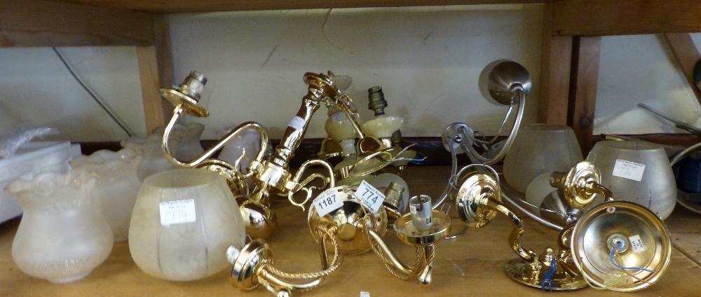 Two gold plated wall lights, three good quality three~arm ceiling lights and shades