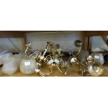 Two gold plated wall lights, three good quality three~arm ceiling lights and shades