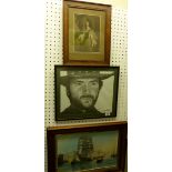 Print of sail ship, young cavalier in oak frame and drawing of Clint Eastwod