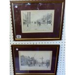 Two original pencil drawings of a Trolley bus and street scene framed monogrammed bottom right TST