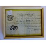 1955 British white £5 note framed B66A 039765