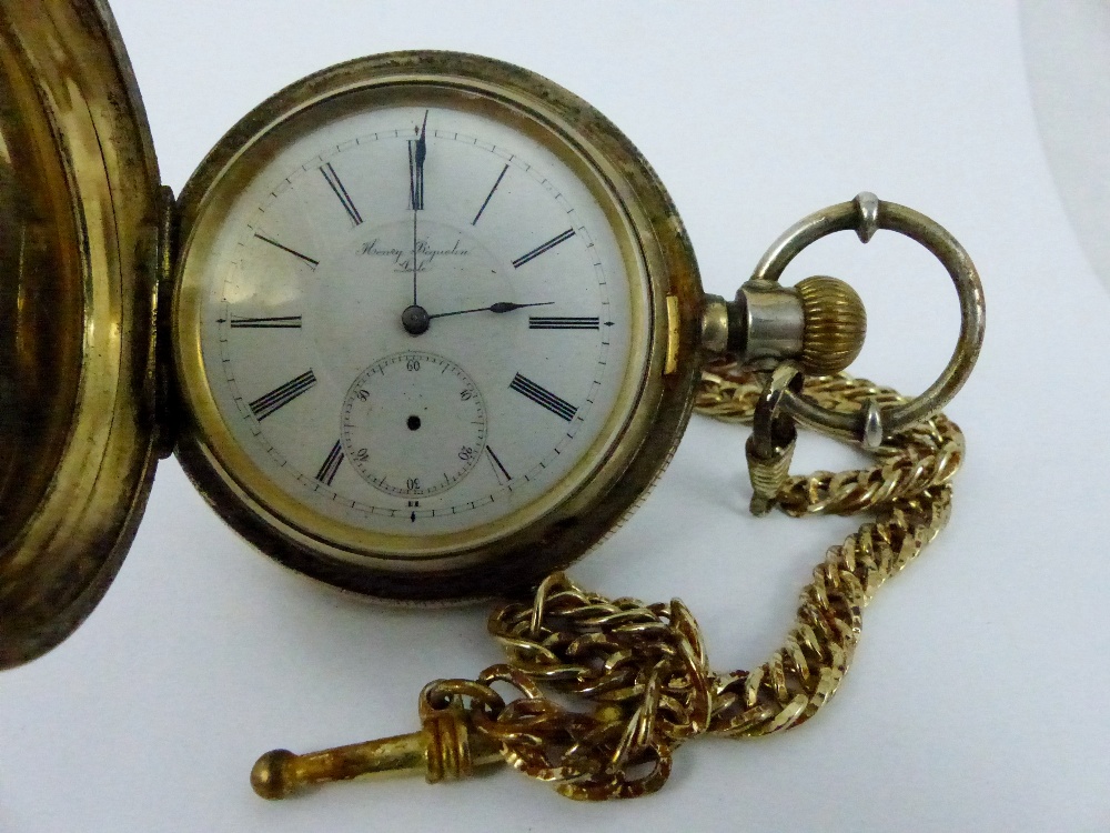 Gents large crown wind Henry Bequelin silver plated pocket watch and chain