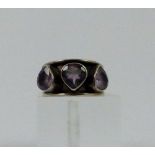 Sterling silver three pear cut amethyst ring, size M