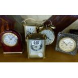 Five quartz clocks including Astral carriage clock