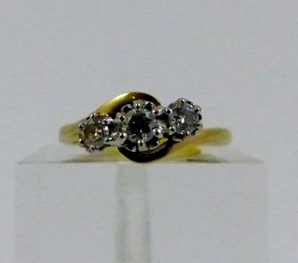 18ct gold three stone diamond ring, .33 points, size L